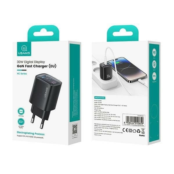 USAMS vægoplader CC229 30W GaN USB-C/USB-A XC-serie CC229TC01 - Sort