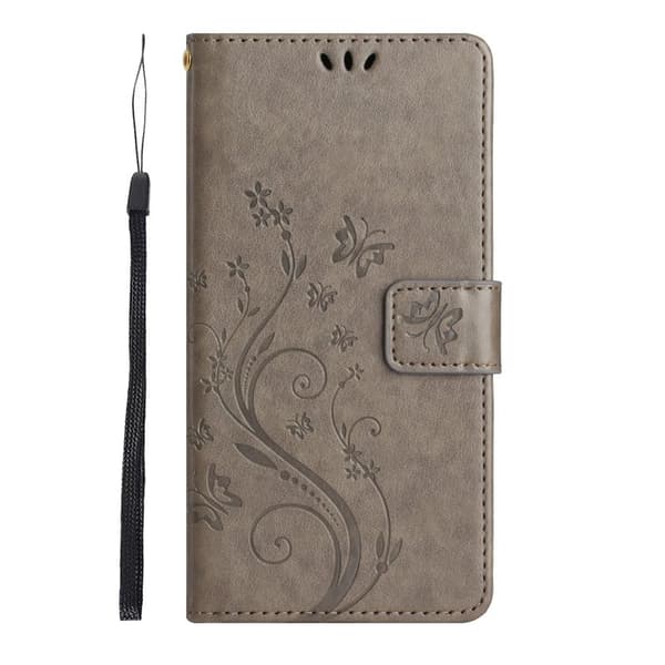 Samsung Galaxy S26 Plus Plånboksfodral Konstläder Fjäril Blomma - Grå