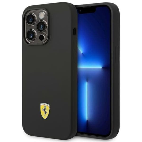 Ferrari iPhone 14 Pro Cover Silikone Metal Logo - Sort Black