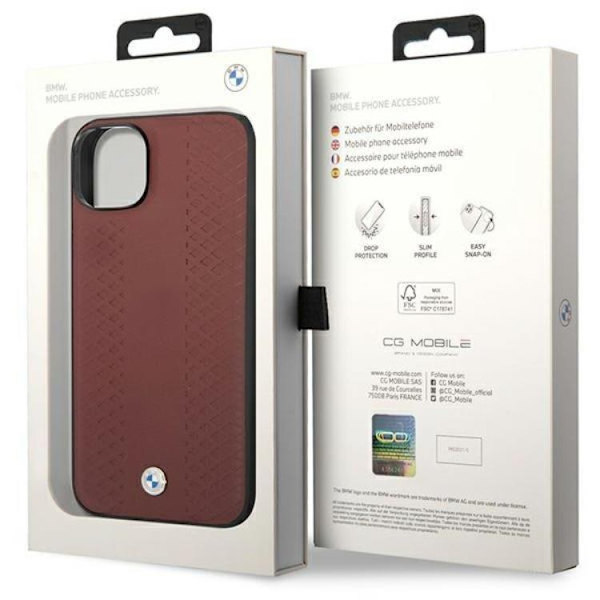 BMW iPhone 14 Mobilskal Läder Diamond Pattern - Burgundy