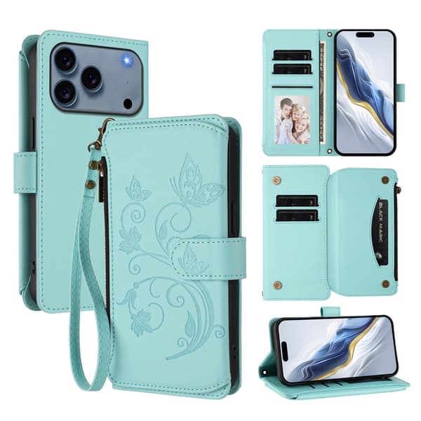 iPhone 17 Pro Max Plånboksfodral Butterfly Floral Imprint - Mintgrön Grön