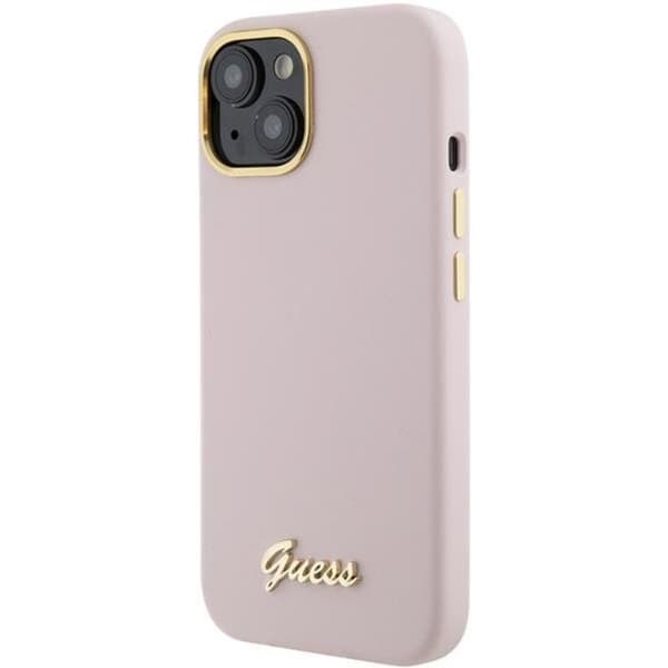 Guess Mobilskal till iPhone 15 Pro Max Silikon Script Metal Logo Rosa