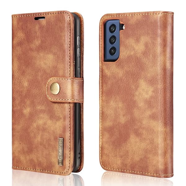 DG.MING Samsung Galaxy S21 FE 2-i-1 Äkta Läder Plånboksfodral Ställ - Brun