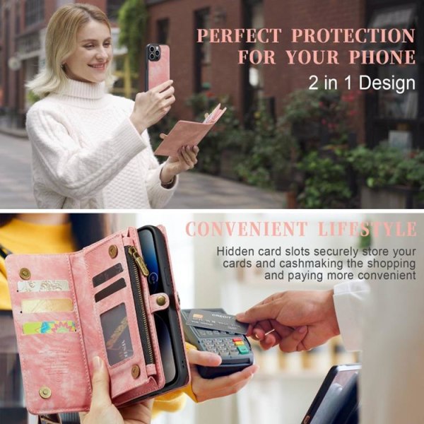 CASEME iPhone 14 Pro lompakkokotelo aitoa nahkaa irrotettava - vaaleanpunainen