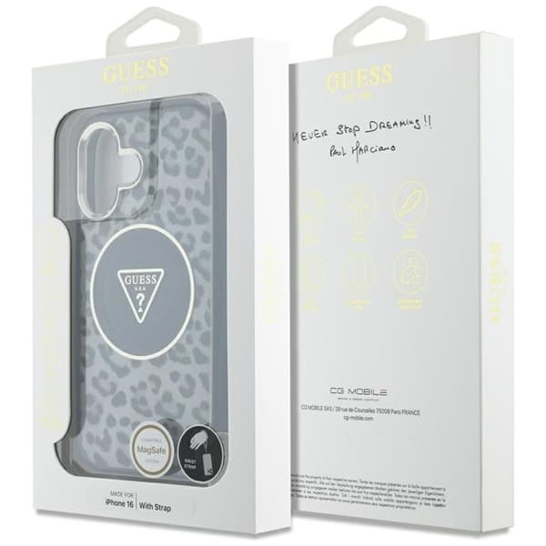 Guess Mobilskal till iPhone 16 MagSafe IML Leopard Triangle Cord Strap - Svart Black