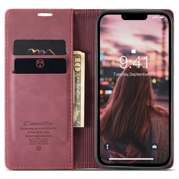 CASEME 013 iPhone 15 Pro KonstläderPlånboksfodral Ställ - Röd