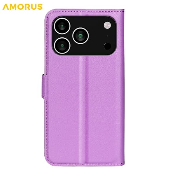 AMORUS iPhone 17 Pro Konstläder Plånboksfodral Flipstativ Litchi - Lila Lila