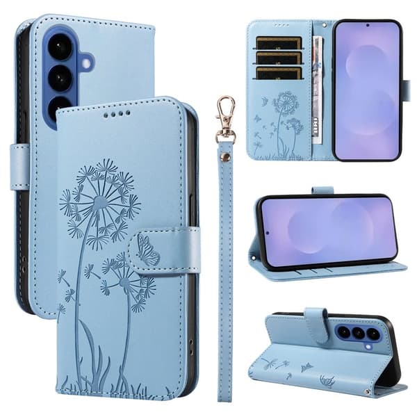Samsung Galaxy S26+ Plånboksfodral Konstläder Med Rem Dandelion - Ljusblå