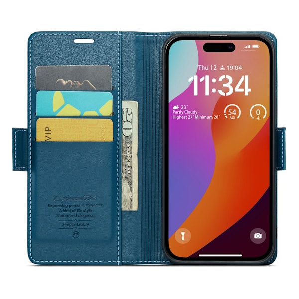 CASEME iPhone 16 Pro Max Plånboksfodral Konstläder RFID-Skydd Blå