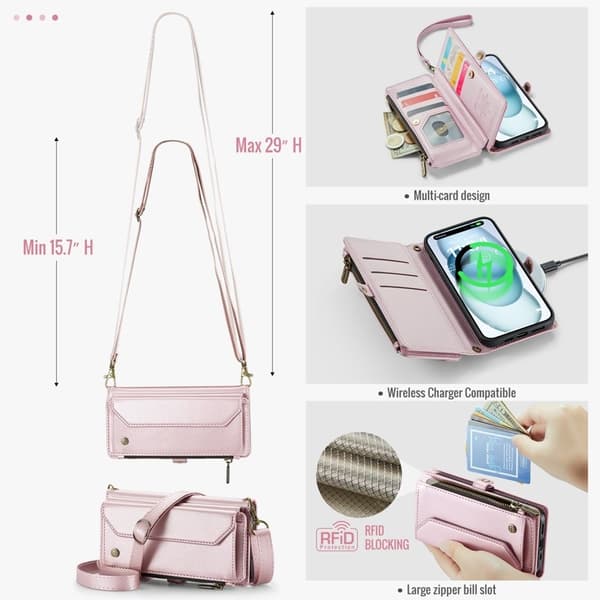 CASEME Plånboksfodral Konstläder till iPhone 15 Plus - Rosa med kortfack