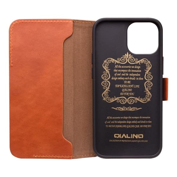 QIALINO iPhone 13 Mini Plånboksfodral Äkta Läder Flip Folio Brun