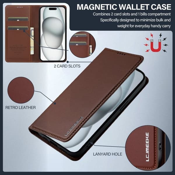 LC.IMEEKE L1 Series iPhone 15 Plus Plånboksfodral Konstläder - Brun