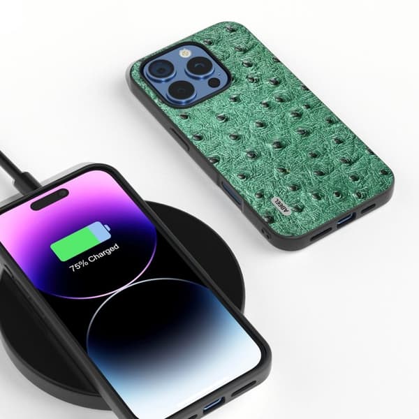 ABEEL Mobilskal till iPhone 16 Pro Max Äkta Läder Ostrich Textur Grön