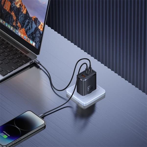 Baseus GaN seinäteulaite 2x USB-C - USB-A 65W Cube Pro - Musta Black