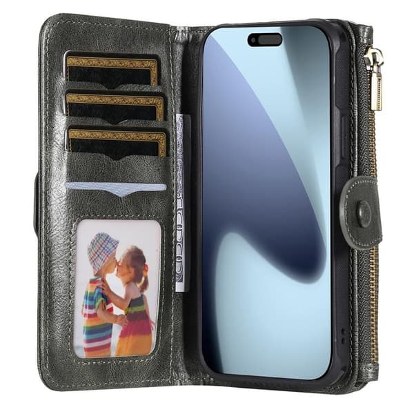 iPhone 17 Pro Max Konstläder Plånboksfodral Detachable Zipper - Grön Grön