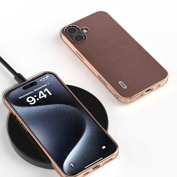 ABEEL Mobilskal till iPhone 16 Plus Electroplating Äkta Läder - Brun