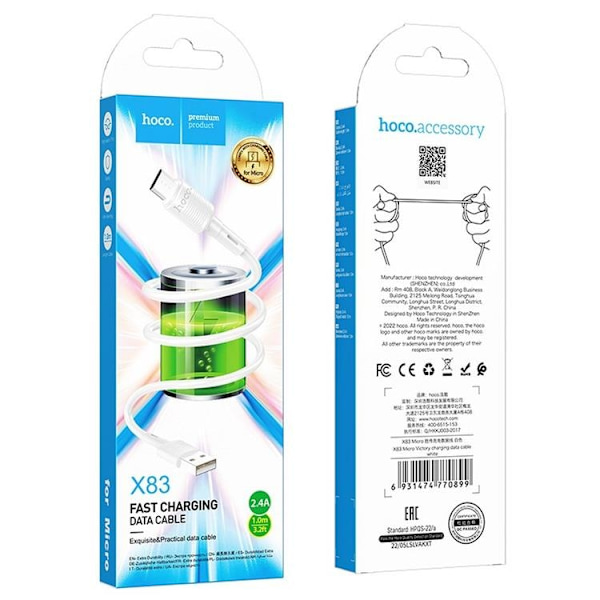 Hoco USB-A - Micro-USB 2.4A Kabel 1m X83 - Vit Vit