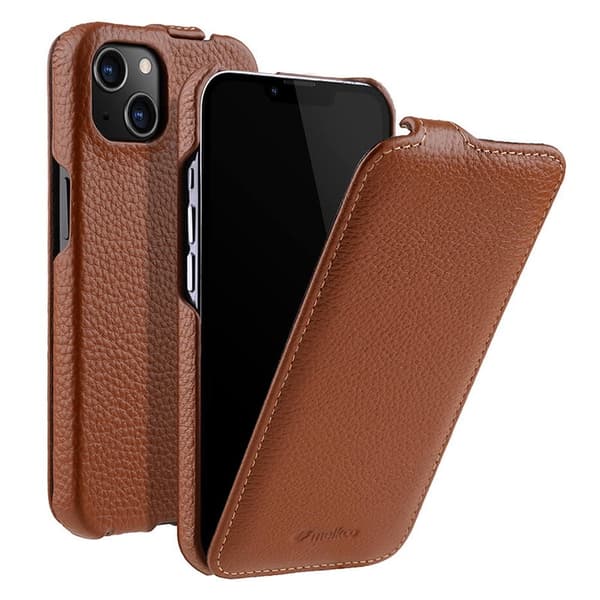 MELKCO Mobilskal till iPhone 13 mini Äkta Läder + PC Vertikal Brun