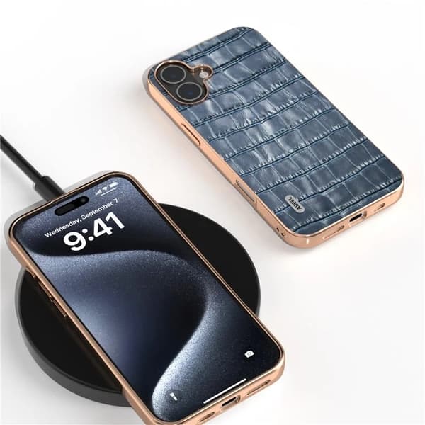 ABEEL Mobilskal till iPhone 16 Äkta läder Crocodile - Blå Blå