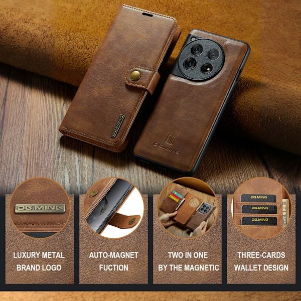 DG.MING OnePlus 12 5G Plånboksfodral Äkta läder- Brun