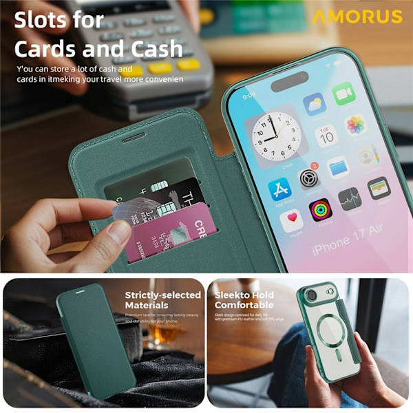 AMORUS iPhone Air Plånboksfodral MagSafe RFID-Skydd - Grön Grön