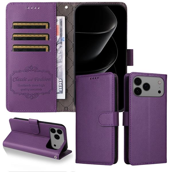 iPhone 17 Pro Max Plånboksfodral RFID Blocking med Handledsrem Lila