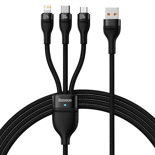 Baseus 3in1 USB-A till USB-C, Lightning, microUSB kabel 100W 1.2m Svart