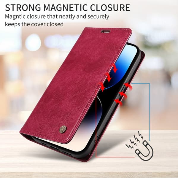 YIKATU OnePlus 15 Plånboksfodral Litchi Closure Konstläder Vinröd