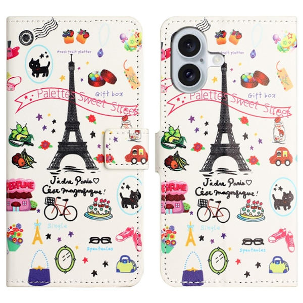iPhone 17 Konstläder Plånboksfodral Pattern Print - Eiffeltornet Vit