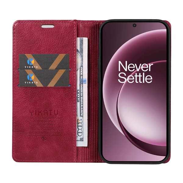 YIKATU OnePlus 15 Plånboksfodral Litchi Closure Konstläder Vinröd