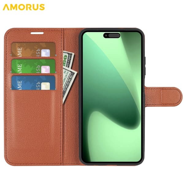 AMORUS iPhone 17 Pro Konstläder Plånboksfodral Flipstativ Litchi - Brun Brun
