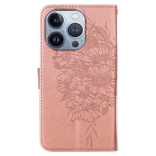 iPhone 14 Pro Max Plånboksfodral Butterfly Flower Imprinted - Rosa Guld