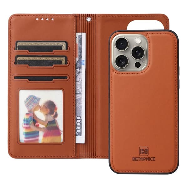 BETOPNICE iPhone 15 Pro Max Plånboksfodral - Detachable Konstläder- Brun