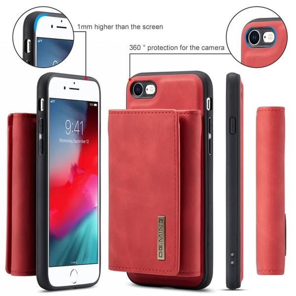 DG.MING M1 Series Plånboksfodral Konstläder med Ställ i Röd för iPhone 7/8/SE