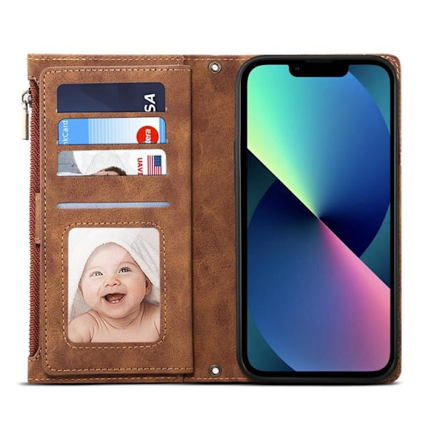 iPhone 14 Plus Plånboksfodral Flap Zipper Strap - Brun