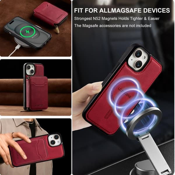 LC.IMEEKE L6 iPhone 15 Plånboksfodral Magnetiskt - Röd Konstläder