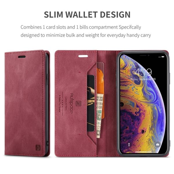 AUTSPACE A01 Plånboksfodral i Konstläder för iPhone XS Max - Röd