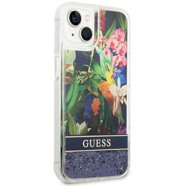 GUESS iPhone 14 etui Flower Liquid Glitter - Blå