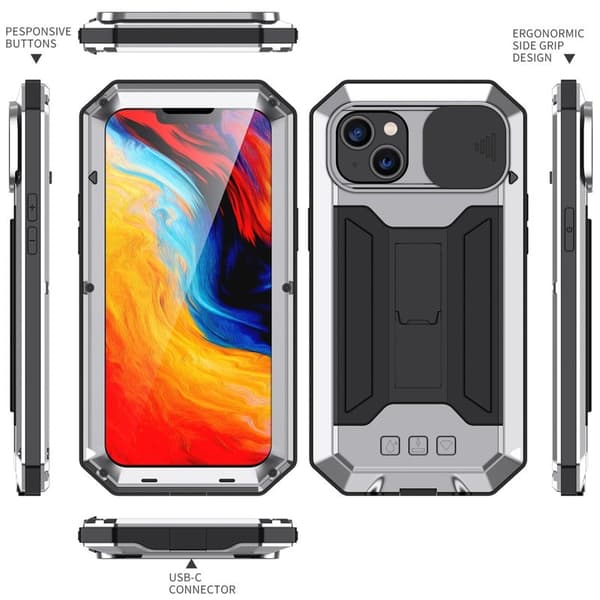 R-JUST Mobilskal till iPhone 14 Plus med Kickstand i Silver och Glas