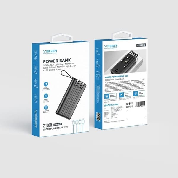 VEGER Powerbank 20000 mAh med Lightning/Typ-C/Micro-USB Kabel C20 Svart