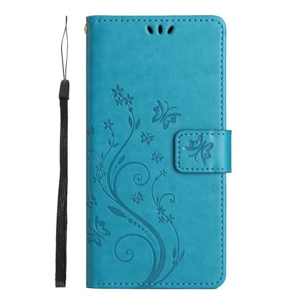 Samsung Galaxy S26 Plus Plånboksfodral Konstläder Fjäril Blommor - Blå