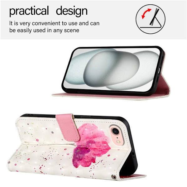 iPhone 16e Plånboksfodral Printing Pattern Med Rem - Flower Rosa