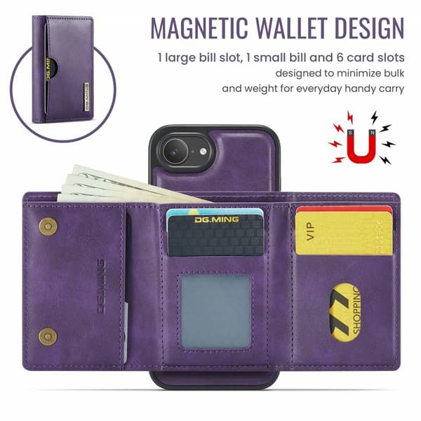 DG.MING M6 Series Mobilskal till iPhone 16e Magnetiskt Plånboksfodral Lila
