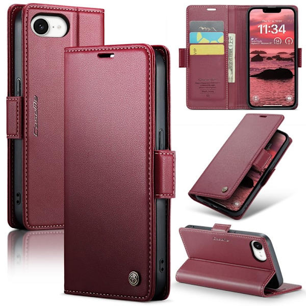 CASEME iPhone 16e Plånboksfodral Konstläder RFID-Skydd Röd