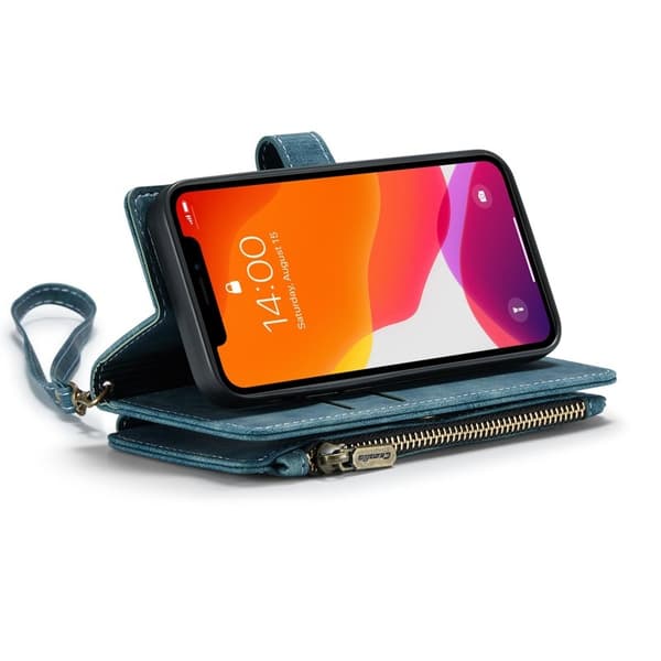 CASEME Konstläder Plånboksfodral för iPhone 12 mini med rem - Blå