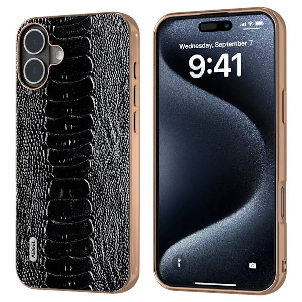 ABEEL Mobilskal till iPhone 16 Electroplating Äkta Läder Svart