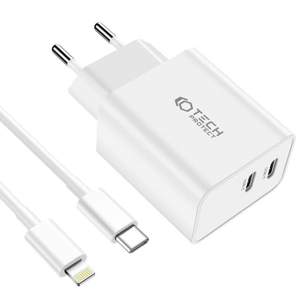 Tech-Protect 2-Port Nätverk Laddare Med Lightning Kabel 1m 35W - Vit