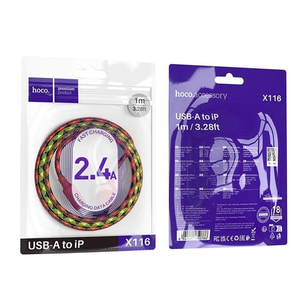 HOCO USB-A til Lightning Kabel 2.4A 1m Nylon X116 - Gradient Rød Röd