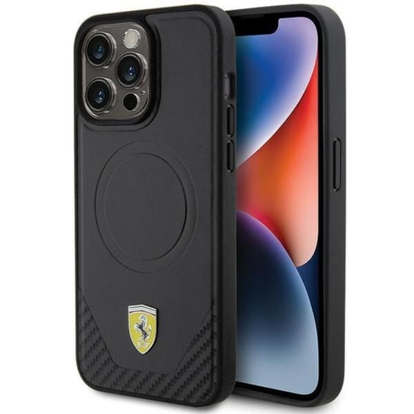 Ferrari iPhone 15 Pro Mobilskal Magsafe Carbon Metal Logo Black