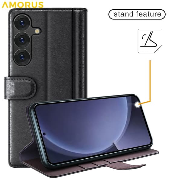 Amorus Plånboksfodral för Samsung Galaxy S26 Plus Äkta läder Kickstand - Svart